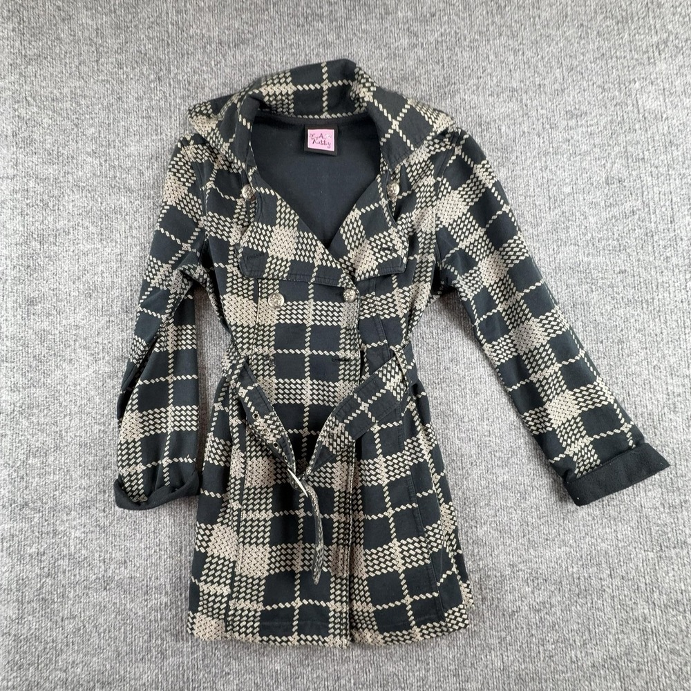 L.A. Kitty Coat Womens Small Black Plaid Belted Trench Knit Button Front Unlined